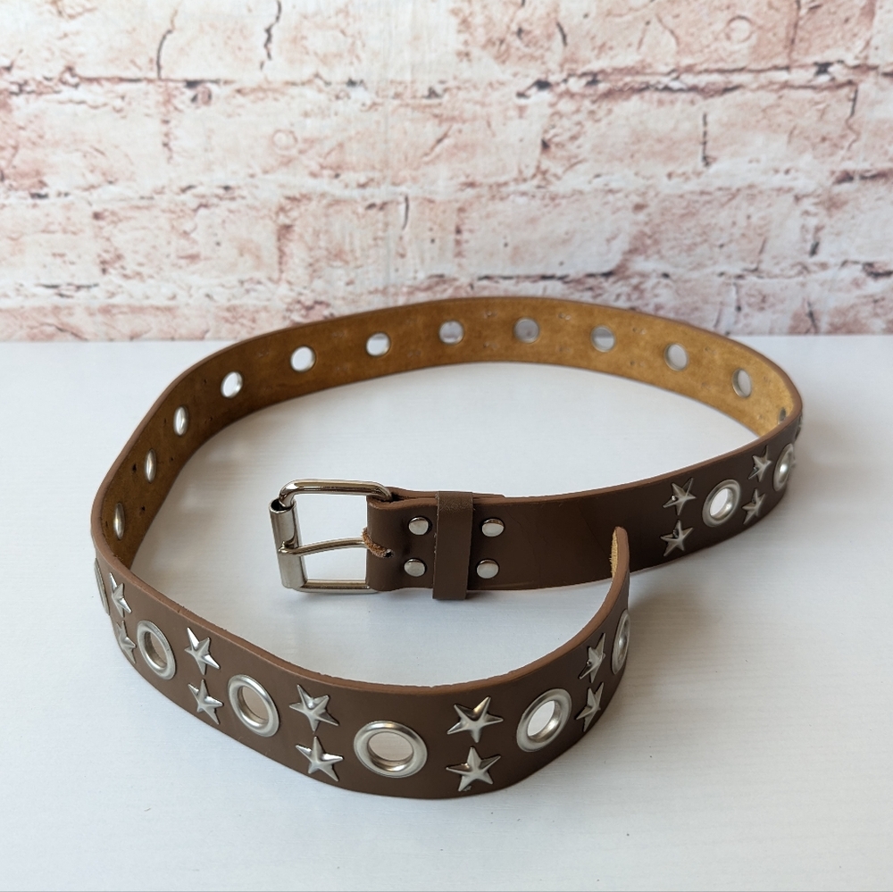 Tan and Silver Star Studs Bohemian Leather Women's Belt - Picture 2 of 10